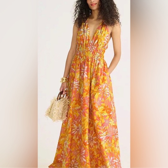 J Crew Collection V-neck double-strap maxi dress Bright Orange Sunset Floral - Picture 1 of 12